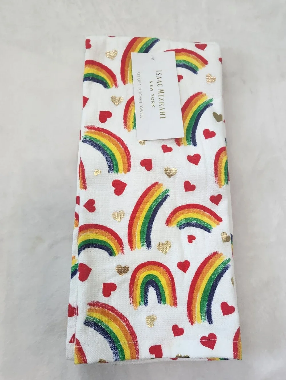 NWT Isaac Mizrahi New York Rainbow & Heart Kitchen Towels Set Of 2